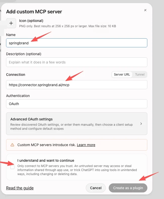 Add custom MCP server form showing springbrand, https://connector.springbrand.ai/mcp, OAuth, the confirmation checkbox and Create as a plugin.